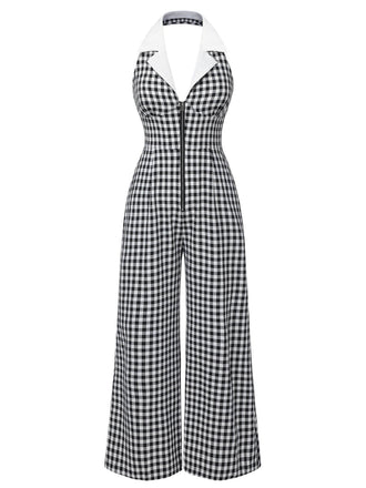 Schwarz Weiß 1940er Plaid Revers Halter Jumpsuit
