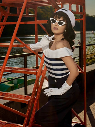 Dunkelblau 1930er Gestreifter Schulterfreier Jumpsuit