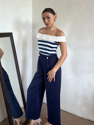 Dunkelblau 1930er Gestreifter Schulterfreier Jumpsuit