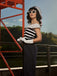 Dunkelblau 1930er Gestreifter Schulterfreier Jumpsuit