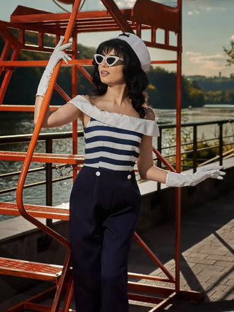 Dunkelblau 1930er Gestreifter Schulterfreier Jumpsuit
