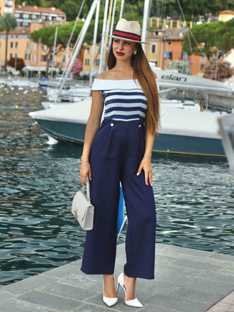 Dunkelblau 1930er Gestreifter Schulterfreier Jumpsuit