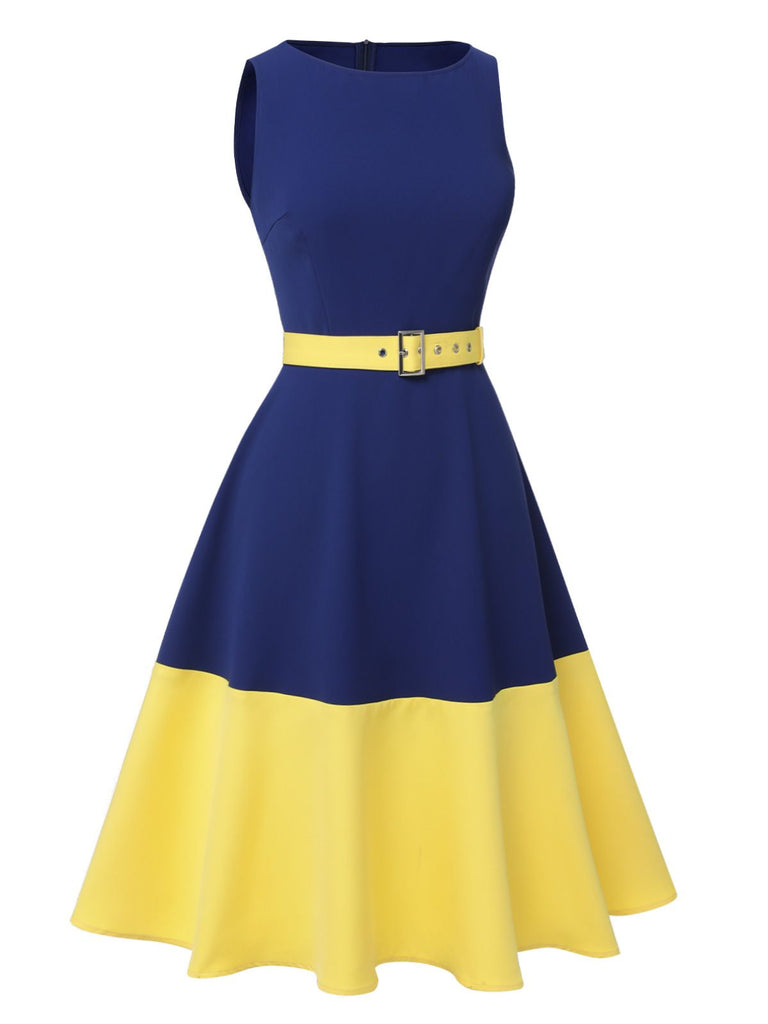 Dunkelblau & Gelb 1950er Solide Bootskragen Kleid