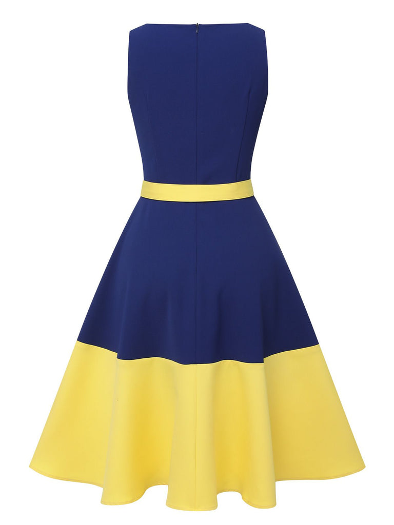 Dunkelblau & Gelb 1950er Solide Bootskragen Kleid