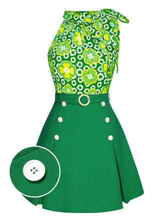 Grün 2PCS 1960er Krawattenkragen Blumen Top & Knöpfen Solide Rock