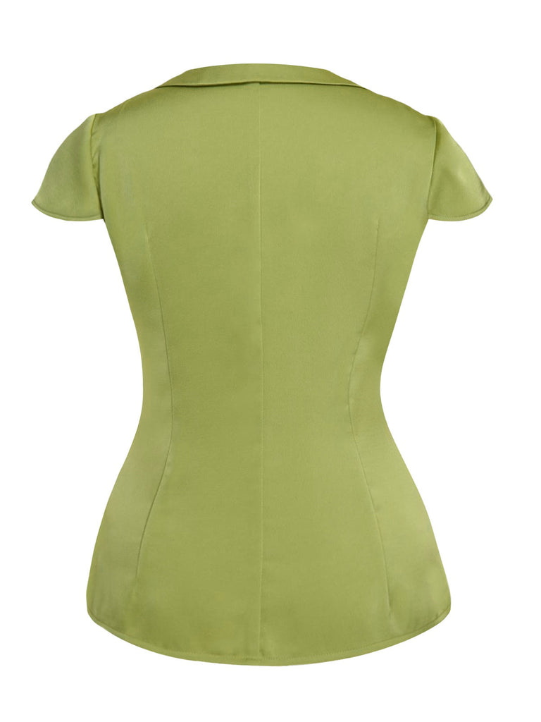[Vorverkauf] Grün 1940er Satin V-Ausschnitt Hemd mit Knöpfen