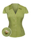 Grün 1940er Satin V-Ausschnitt Hemd mit Knöpfen