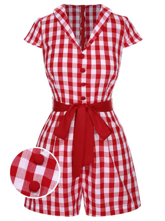 Rot 1940er Revers Plaids Romper mit Gürtel