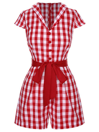 Rot 1940er Revers Plaids Romper mit Gürtel