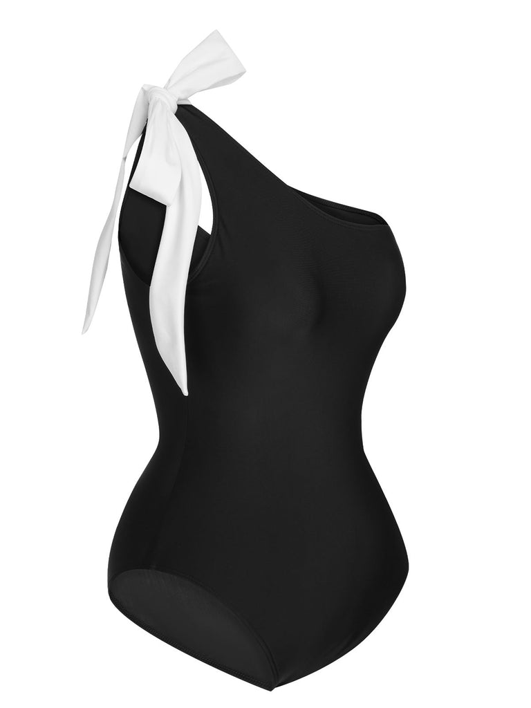 Schwarz 1960er Solide Shoulder Tie Einteiliger Badeanzug