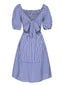 Blau 1950er Streifen Raglan Gesmoktes Quadratischer Hals Kleid