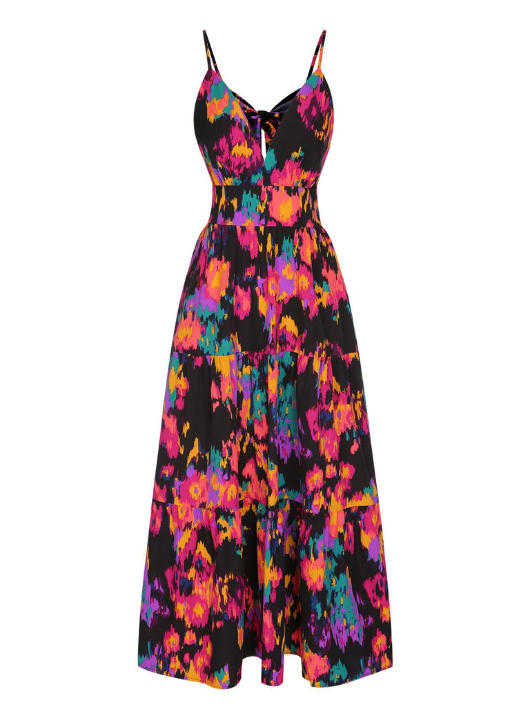 Multicolor 1940er Abstrakte Blumen A-line Gurt Kleid