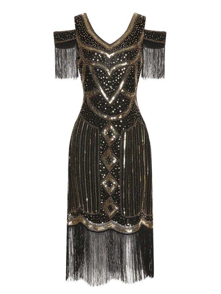 1920er Paillette Perlen Quasten Gatsby Kleid