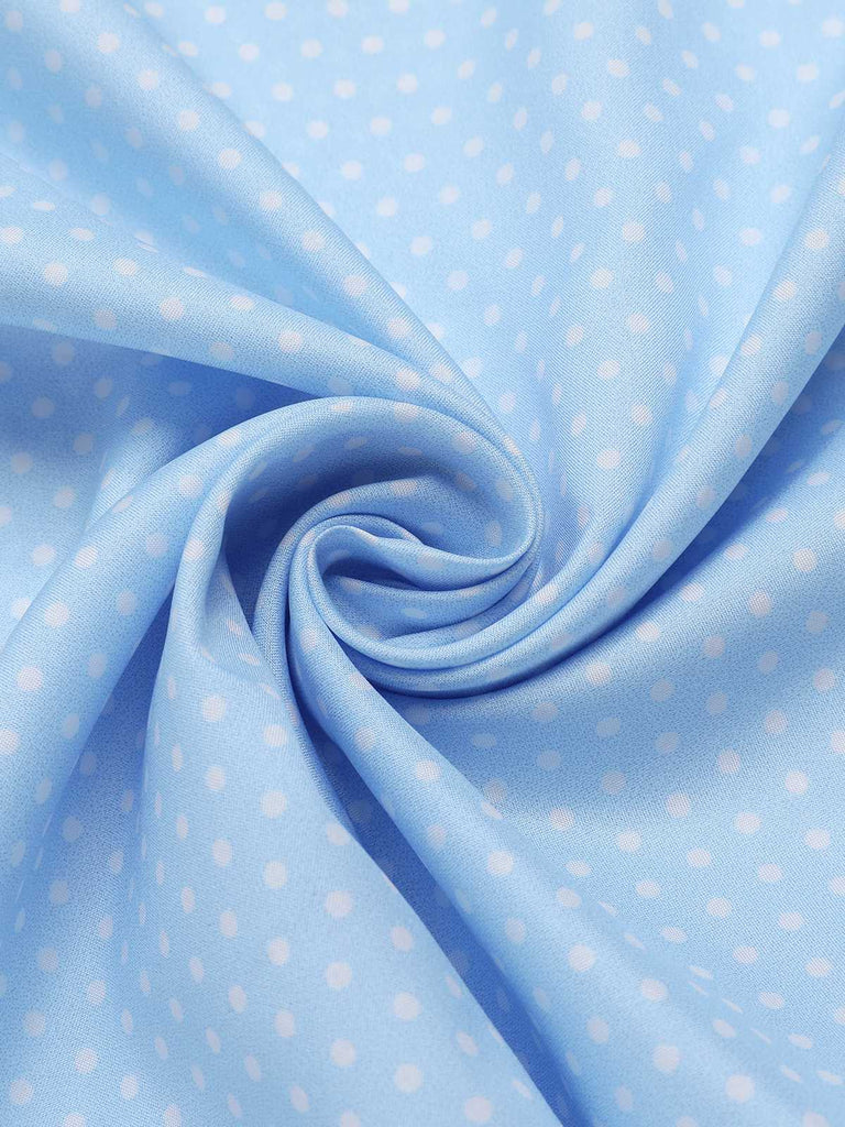Blau 1960er Krawattenhals Polka Dots Rüschen Bluse