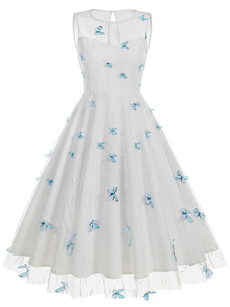 1950er Rundhals Stickerei Schmetterling Masche Kleid