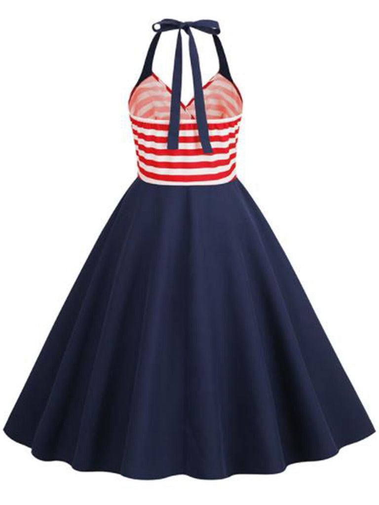 Dunkelblau 1950er Rot & Weiß Streifen Halter Kleid