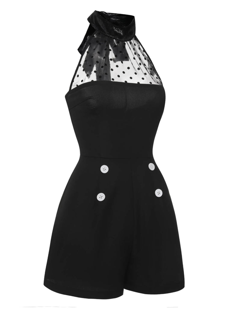 Schwarz 1950er Polka Dots Transparenter Hals Romper