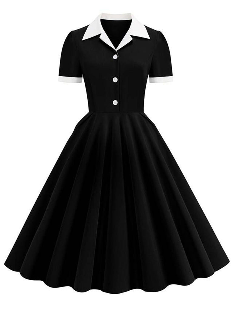 1950er Hemdkragen Weiß Knöpfen Swing Kleid