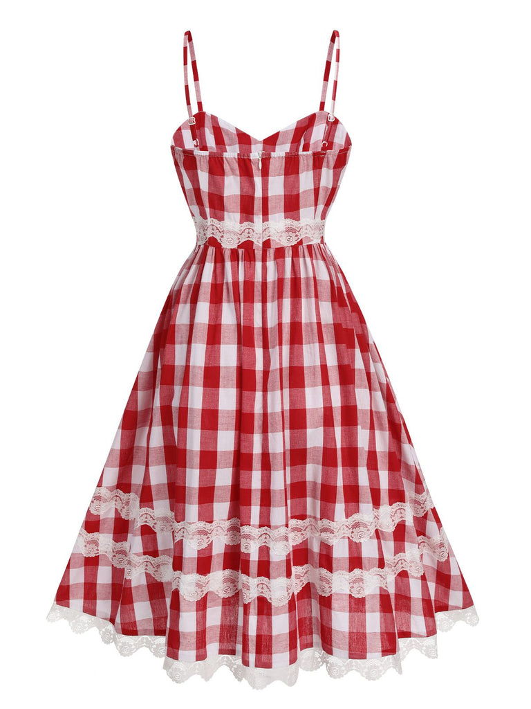 [Vorverkauf] Rot 1950er Plaid Spitze Bogen Gurt Kleid