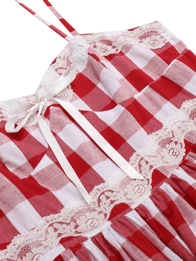 [Vorverkauf] Rot 1950er Plaid Spitze Bogen Gurt Kleid