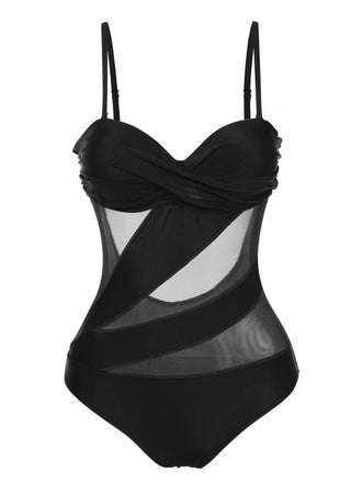 Schwarz 1950er Solide Halbtransparent Krawatte Hinten Badeanzug