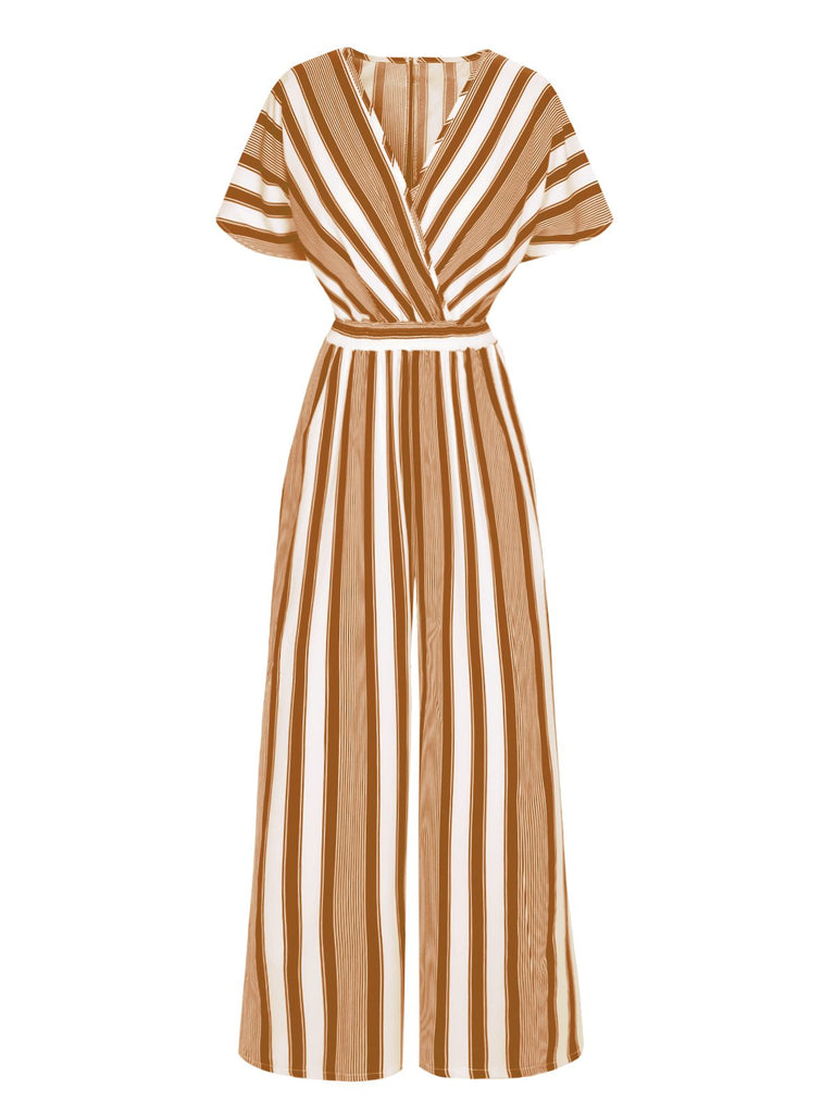 1970er V-Ausschnitt Kontrast Streifen Jumpsuit