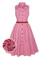 [Vorverkauf] Rosa 1950er Nadelstreifen Krawattenkragen Kleid