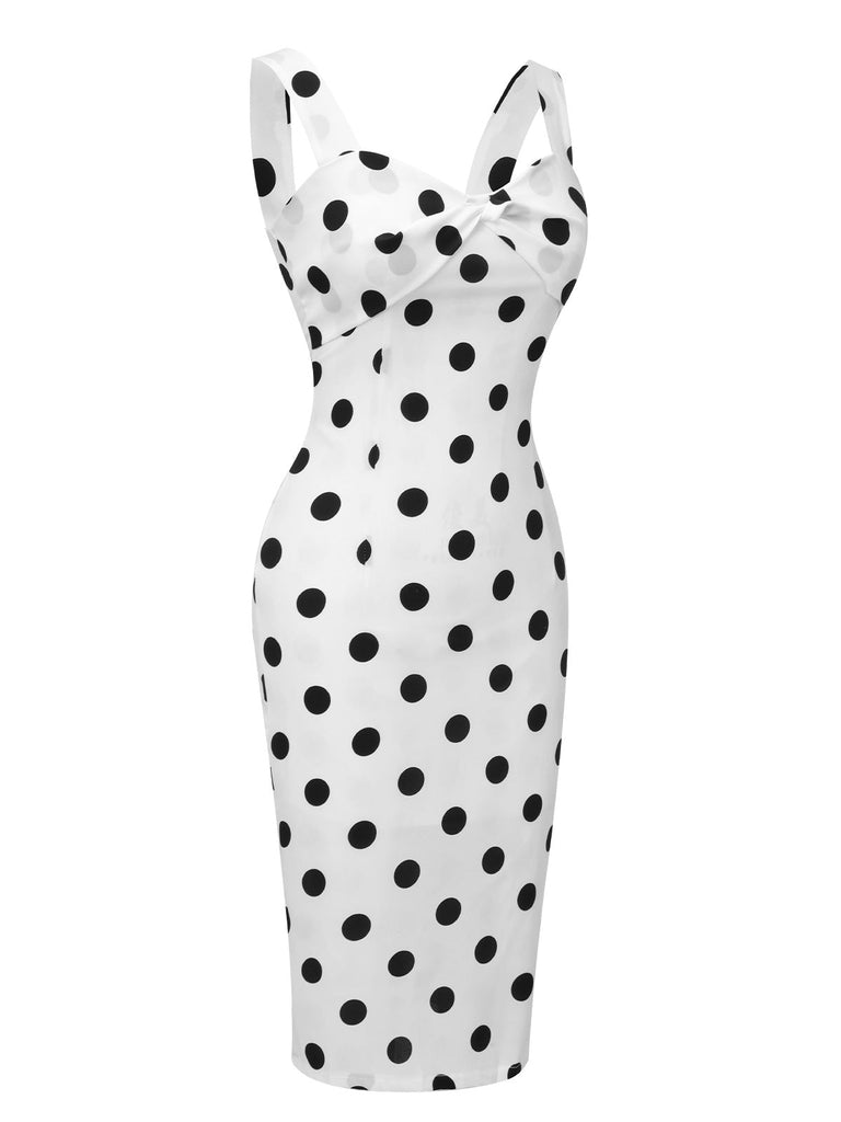 Weiß 1960er V-Ausschnitt Polka Dots Kleid
