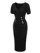 Schwarz 1960er Solide V-Ausschnitt Knöpfen Kleid