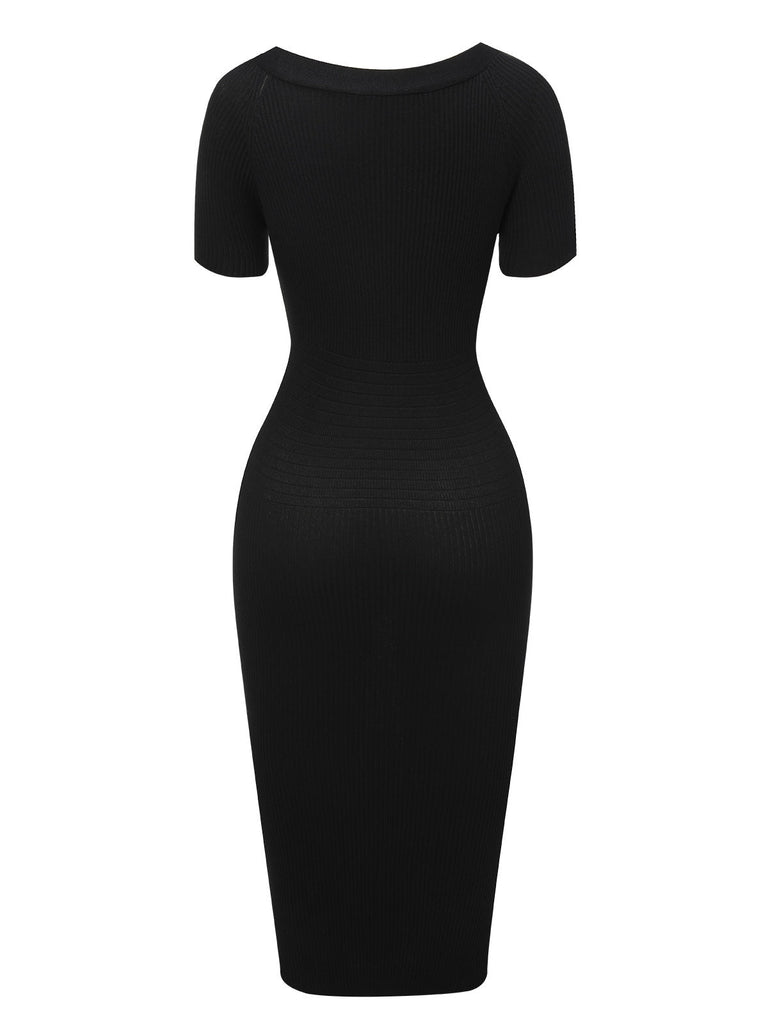 Schwarz 1960er Solide V-Ausschnitt Knöpfen Kleid