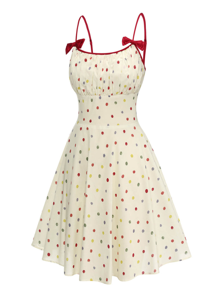 [Vorverkauf] Beige 1950er Polka Dots Bogen Gurt Kleid