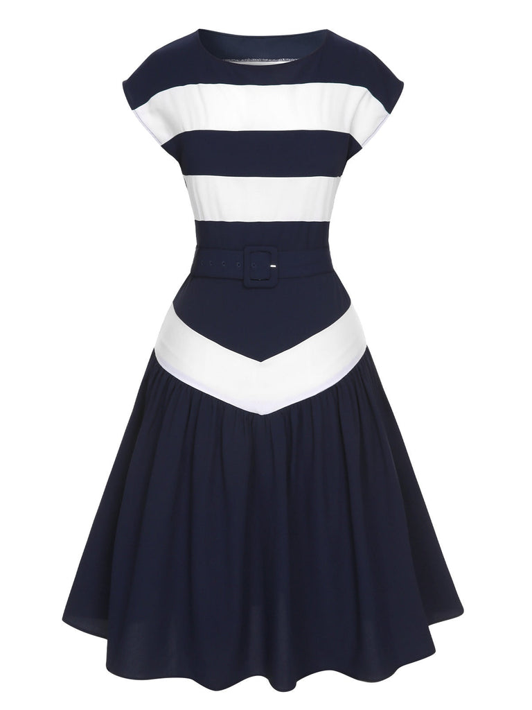 [Vorverkauf] Dunkelblau 1940er U-Boot-Ausschnitt Streifen Kleid