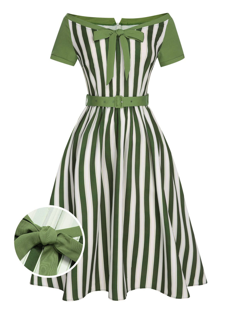 [Vorverkauf] Grün 1940er Schulterfrei Streifen Bogen Kleid