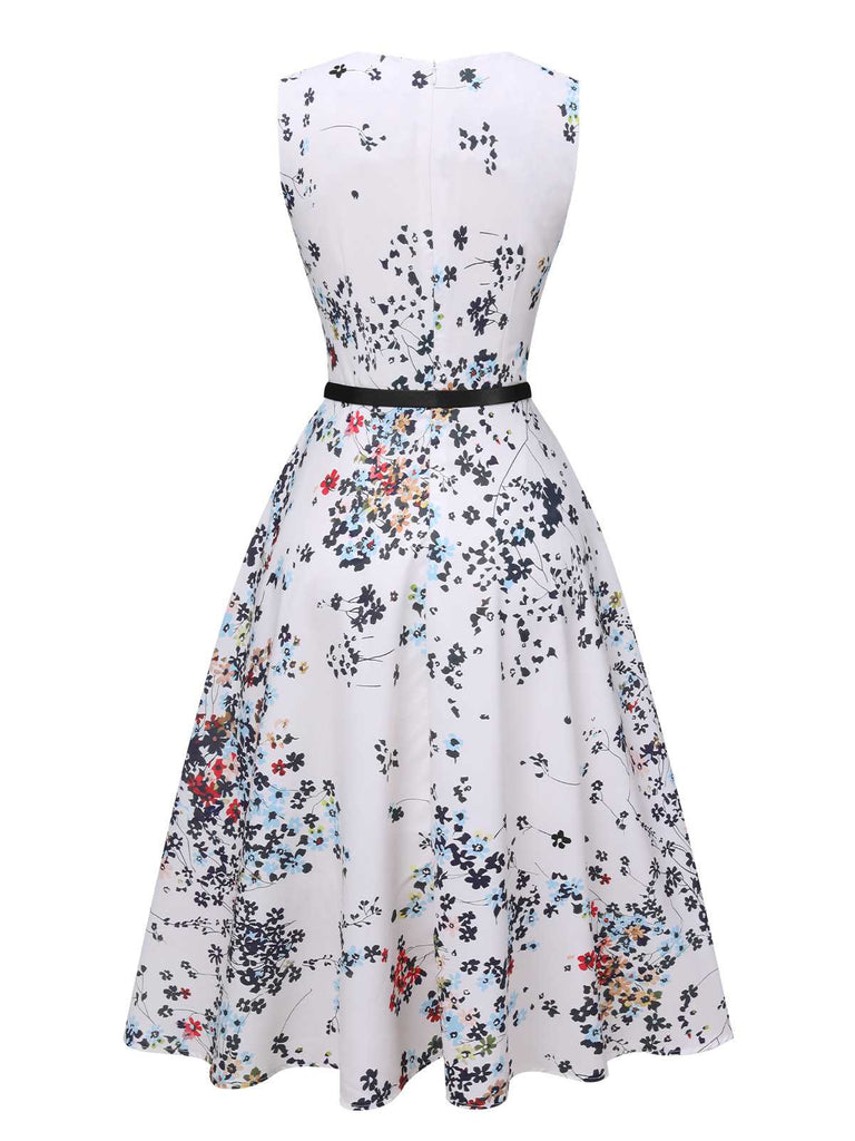 Weiß 1940er V-Ausschnitt Blumen Ärmelloses Kleid mit Gürtel