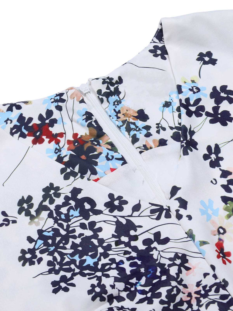 Weiß 1940er V-Ausschnitt Blumen Ärmelloses Kleid mit Gürtel