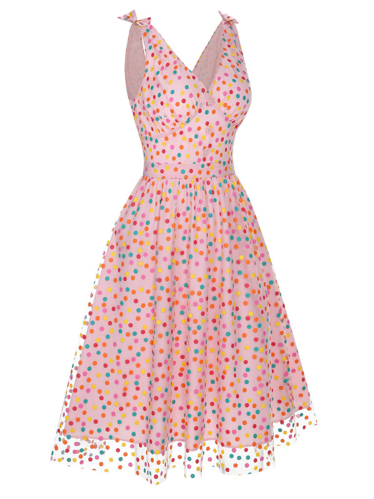 [Vorverkauf] 1950er V-Ausschnitt Regenbogen Polka Dots Masche Kleid