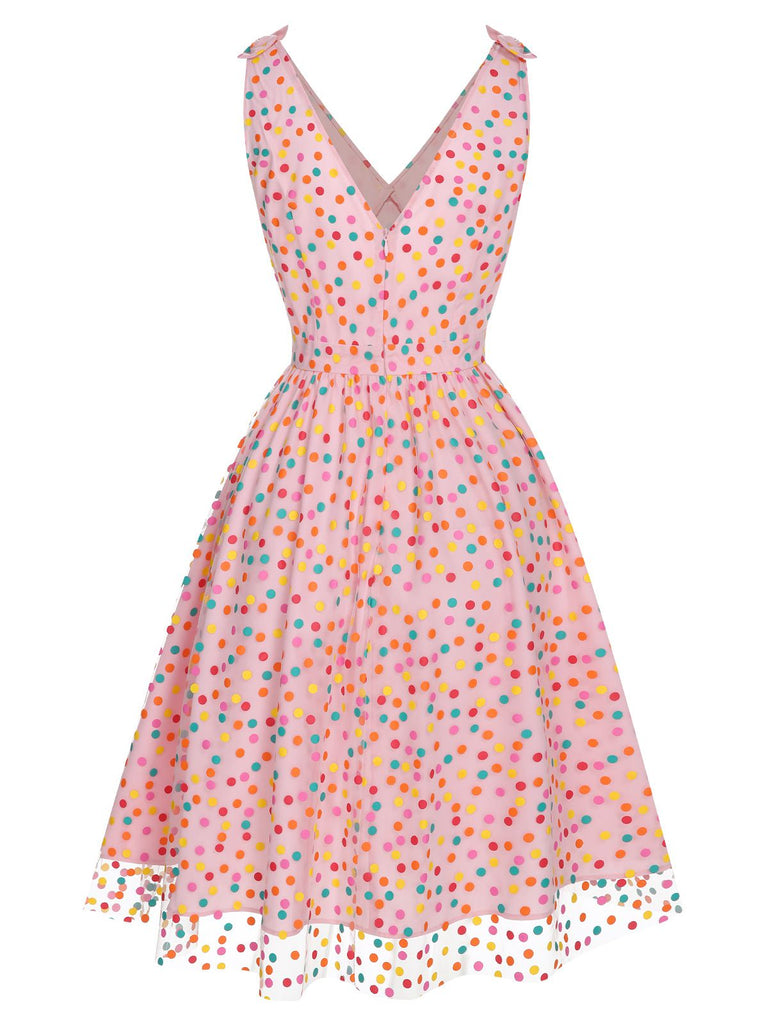 [Vorverkauf] 1950er V-Ausschnitt Regenbogen Polka Dots Masche Kleid