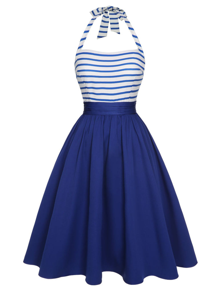 [Vorverkauf] Blau 1940er Streifen Patchwork Halter Kleid