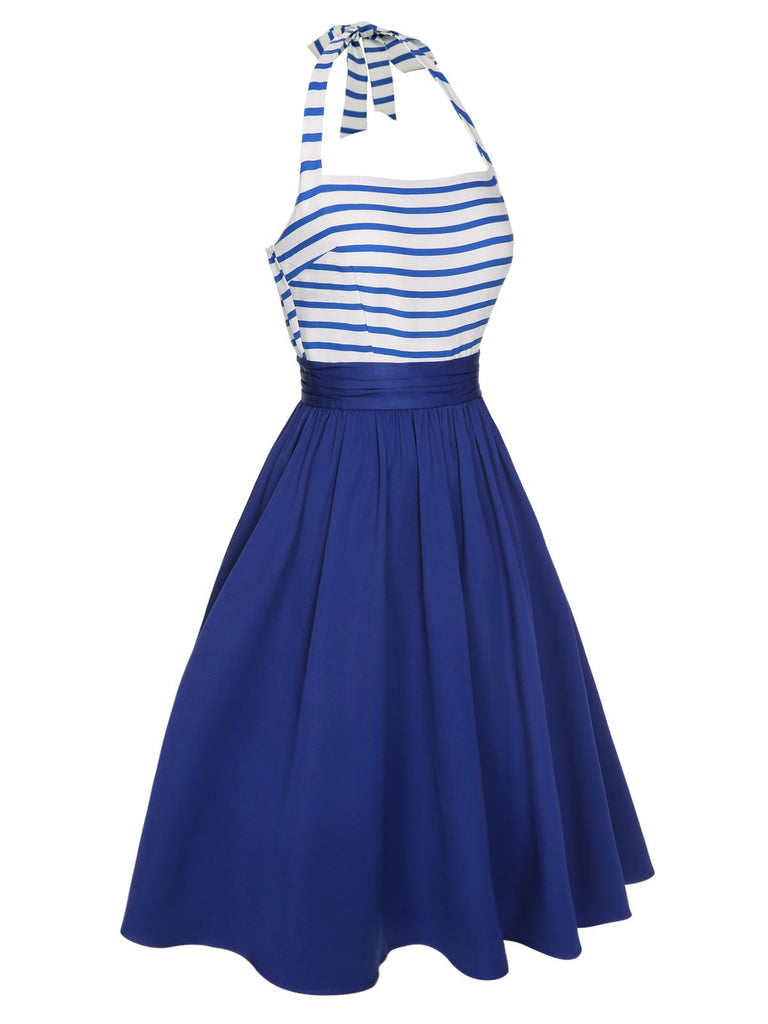 [Vorverkauf] Blau 1940er Streifen Patchwork Halter Kleid