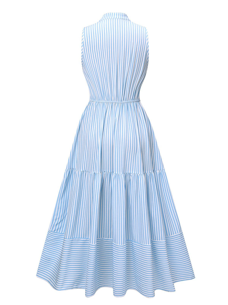 Himmelblau 1940er Streifen Stehkragen Kleid