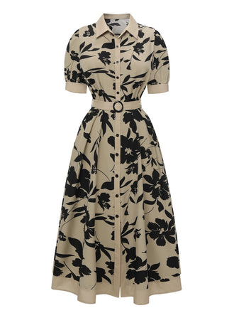 Beige 1940er Hemdkragen Knöpfen Blumen Kleid