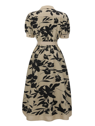 Beige 1940er Hemdkragen Knöpfen Blumen Kleid