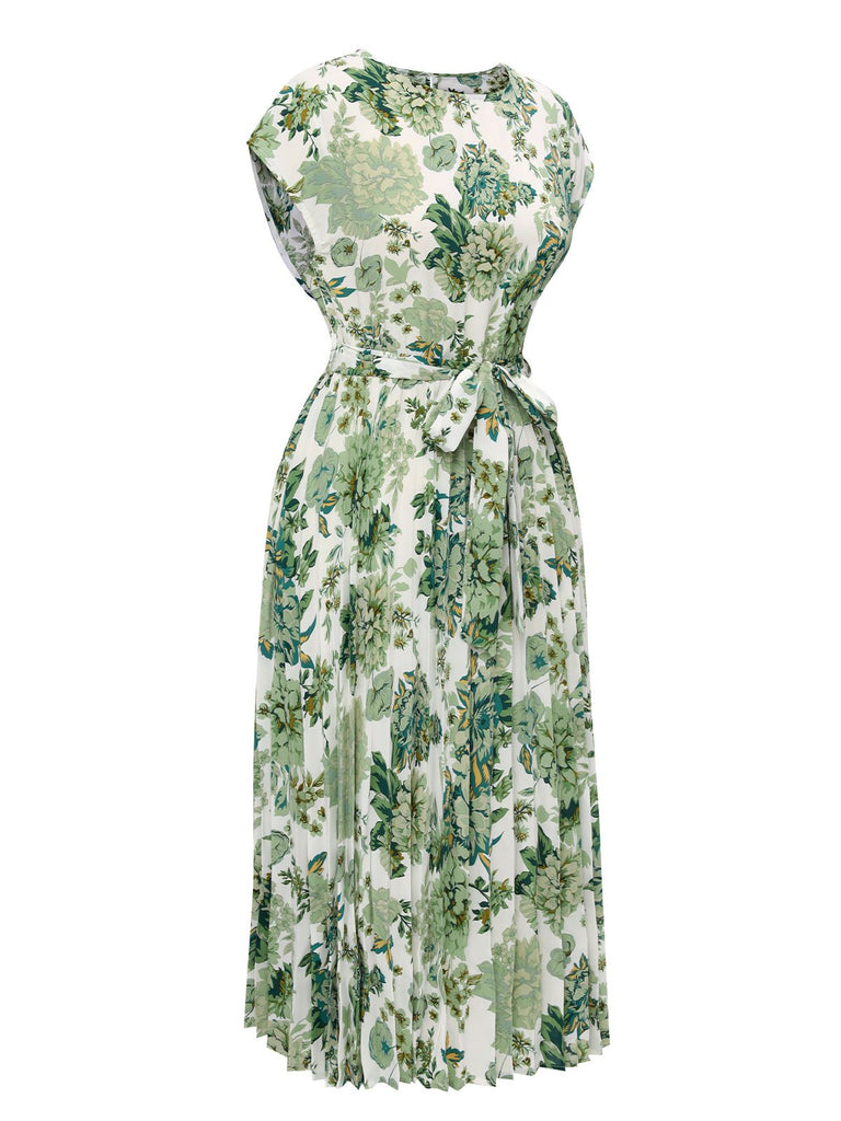 Grün 1940er Blumen Kleid mit Bindegürtel