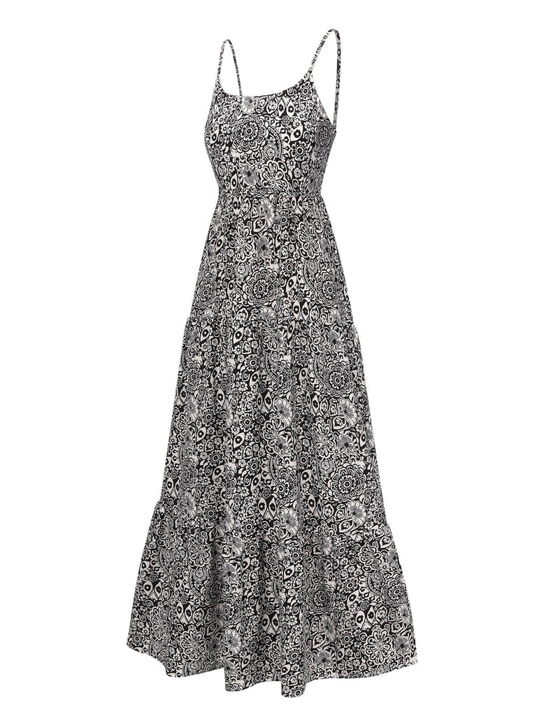Schwarz 1930er Mandala-Druck Gurt Kleid