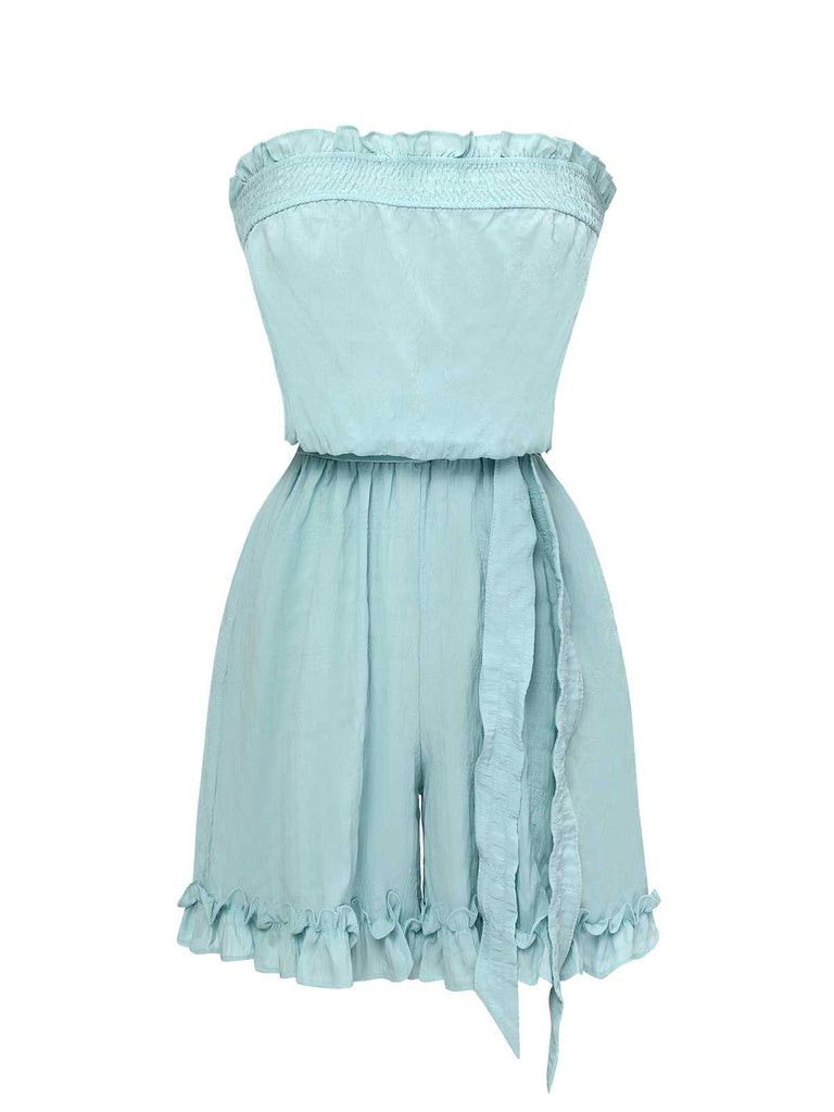 Blau 1950er Bandeau Rüschen Romper mit Gürtel