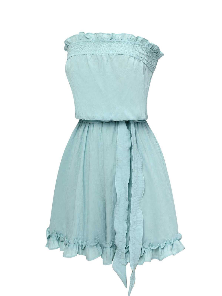 Blau 1950er Bandeau Rüschen Romper mit Gürtel