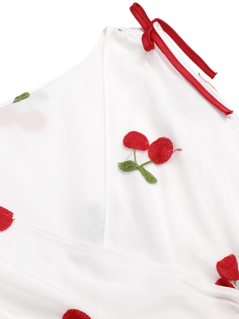 [Vorverkauf] Weiß & Rot 1950er Bestickt Kirsche Masche Kleid