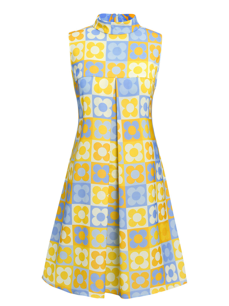 Gelb & Blau 1960er Blume Stehkragen Kleid