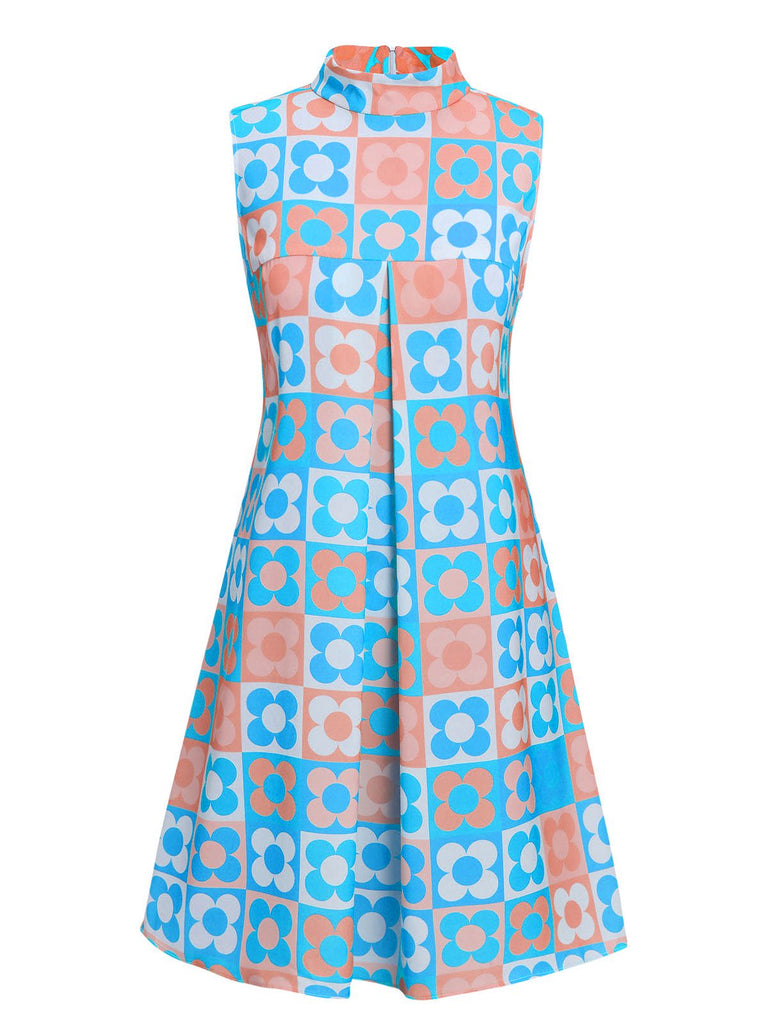 Orange & Blau 1960er Blume Stehkragen Kleid