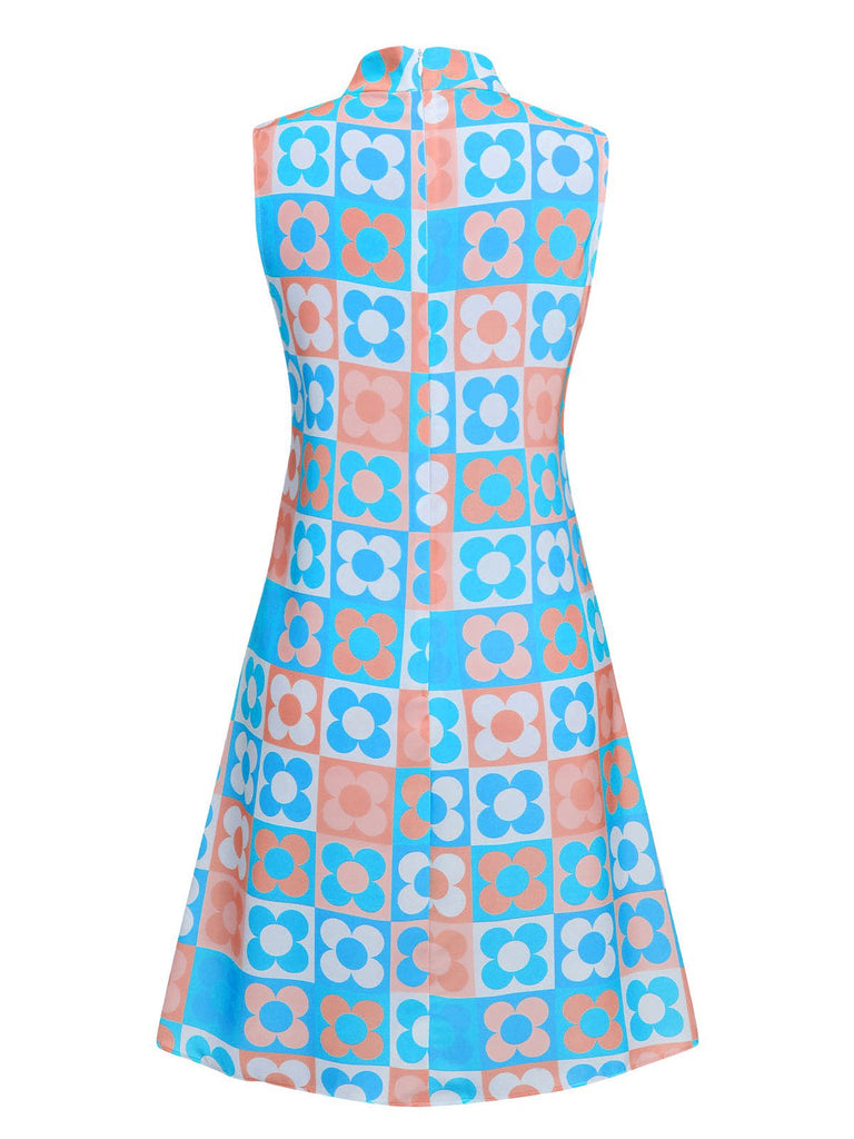 [Vorverkauf] Blau 1960er Blume Stehkragen Kleid